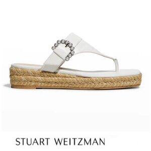 STUART WEITZMAN White Leather Pearl Buckle Thong Slip Espadrille Sandals Sz 6.5